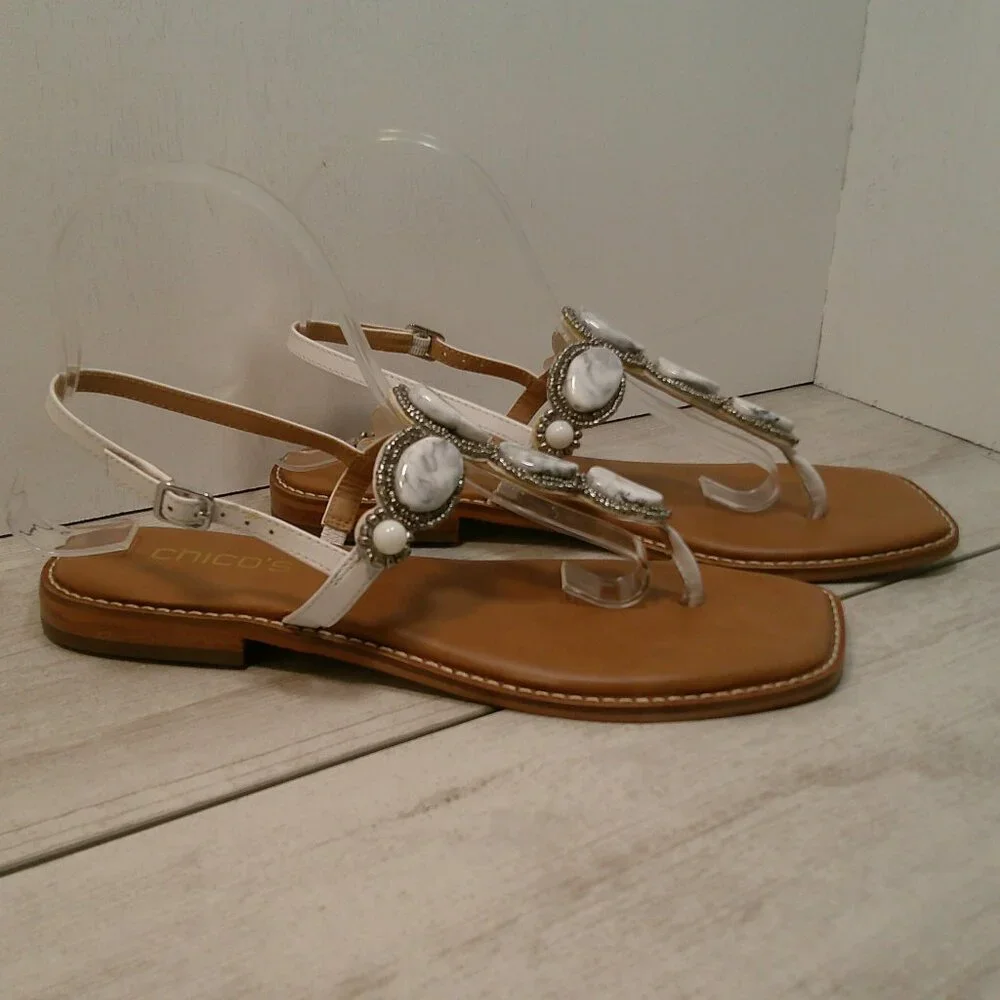 Chico's T-Strap White with Gray Beaded T-Strap Boho Sandals Size 8M - Picture 6 of 9